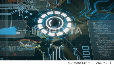 Image of scope scanning and data processing over cables in computer server 128696781