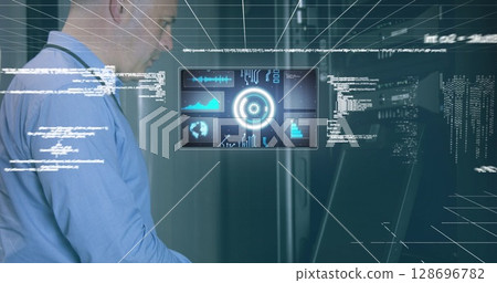 Image of scope scanning and data processing over caucasian it man fixing computer server 128696782