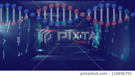 Image of data processing and dna strand over blue background 128696791