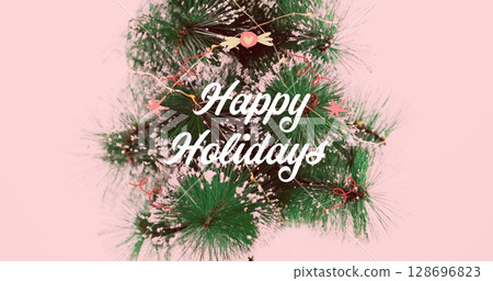 Image of fir tree branches over christmas pattern Image of fir tree branches over christmas pattern 128696823