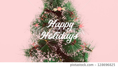 Image of fir tree branches over christmas pattern 128696825