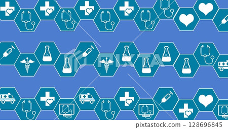 Image of medical icons over blue background Image of medical icons over blue background 128696845