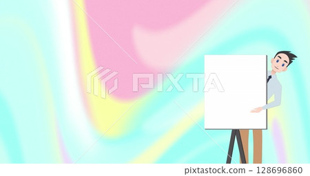 Image of moving shapes over businessman talking icon 128696860