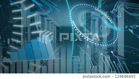 Image of 5g text, scopes scanning and data processing over servers Image of 5g text, scopes scanning and data processing over servers 128696891