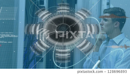 Image of 5g text, scopes scanning and data processing over male it engineer and servers 128696893