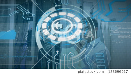 Image of text with globe and network of connections 128696917