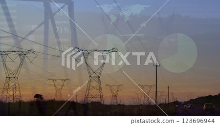 Image of statistics and data processing over electricity pylon and landscape 128696944