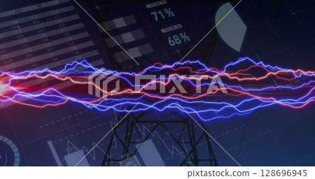 Image of statistics and data processing over electricity trails and pylon landscape 128696945
