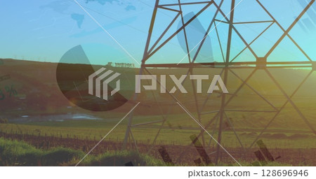Image of data processing over electricity pylon and landscape Image of data processing over electricity pylon and landscape 128696946