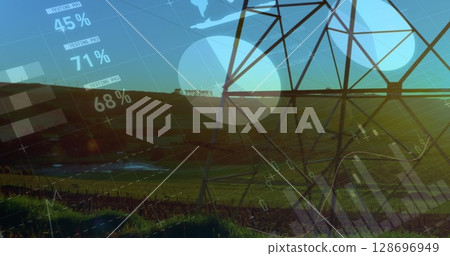 Image of data processing over electricity pylon and landscape Image of data processing over electricity pylon and landscape 128696949