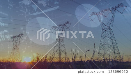 Image of statistics and data processing over electricity pylon and landscape 128696950