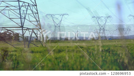 Image of statistics and data processing over electricity pylon and landscape 128696953