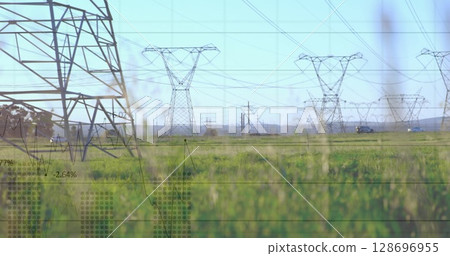 Image of statistics and data processing over electricity pylon and landscape 128696955