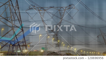 Image of statistics and data processing with blue lines over electricity pylon and landscape 128696956