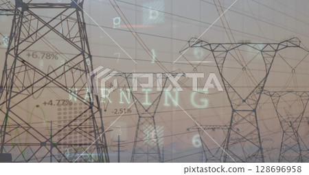 Image of cyber attack data processing over electricity pylon and landscape Image of cyber attack data processing over electricity pylon and landscape 128696958
