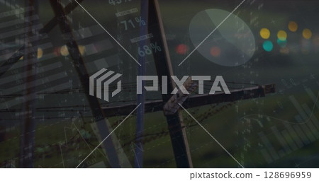 Image of statistics and data processing over electricity pylon and landscape Image of statistics and data processing over electricity pylon and landscape 128696959