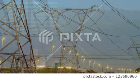 Image of statistics and data processing over electricity pylon and landscape Image of statistics and data processing over electricity pylon and landscape 128696960