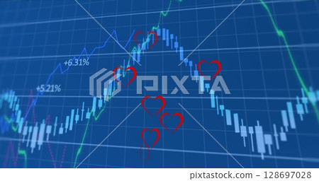 Image of financial graphs over hearts floating on blue background 128697028