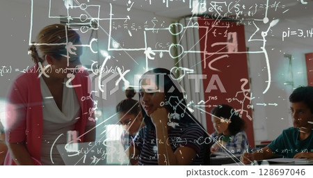 Image of math formulas moving over caucasisan female teacher helping biracial girl at school Image of math formulas moving over caucasisan female teacher helping biracial girl at school 128697046