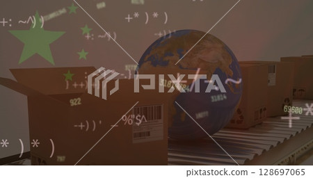 Image of changing numbers over globe and packages 128697065