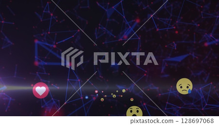 Image of connections with emoticons over dark background with lights moving 128697068
