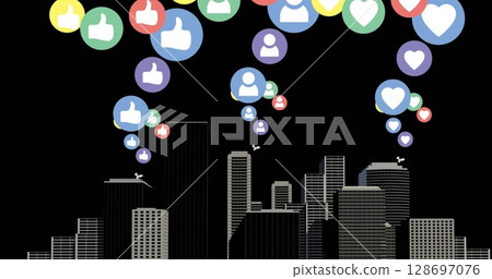 Digital image of multiple digital icons floating over cityscape on black background Digital image of multiple digital icons floating over cityscape on black background 128697076