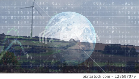 Image of graphs, globe and data processing over wind turbine 128697079