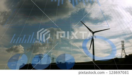 Image of graphs and data processing over wind turbine Image of graphs and data processing over wind turbine 128697081
