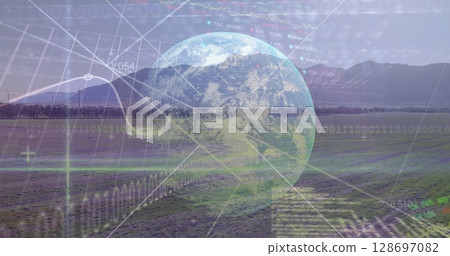 Image of graphs, globe and data processing over wind turbine Image of graphs, globe and data processing over wind turbine 128697082