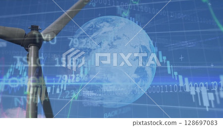 Image of graphs, globe and data processing over wind turbine 128697083
