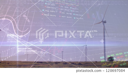 Image of graphs and data processing over wind turbine 128697084