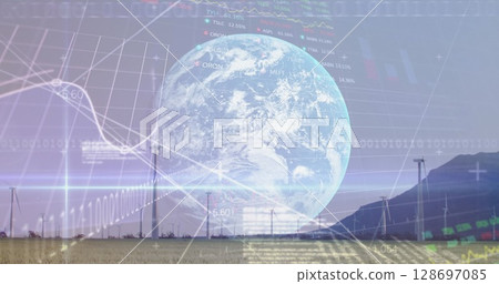 Image of graphs, globe and data processing over wind turbine Image of graphs, globe and data processing over wind turbine 128697085