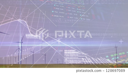 Image of graphs and data processing over wind turbine 128697089