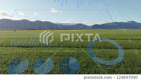 Image of graphs and data processing over wind turbine 128697090