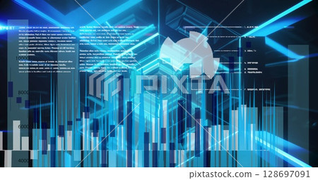 Image of graphs and data over tunnel made of moving neon lights 128697091