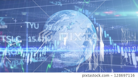 Image of data processing, globe and lights on navy background Image of data processing, globe and lights on navy background 128697116