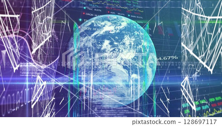 Image of data processing, globe and connections on navy background Image of data processing, globe and connections on navy background 128697117