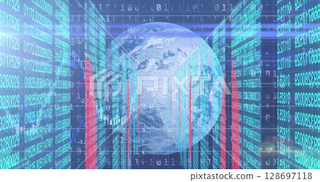 Image of data processing, globe and lights on navy background Image of data processing, globe and lights on navy background 128697118