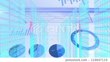 Image of data processing, financial graphs and lights on white background Image of data processing, financial graphs and lights on white background 128697119