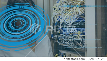 Image of digital interface and data processing over caucasian female server room worker 128697125