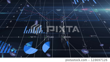 Image of digital interface and data processing over dark background 128697126