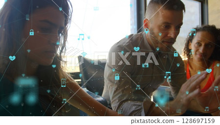 Image of network of connections over man using smartphone Image of network of connections over man using smartphone 128697159