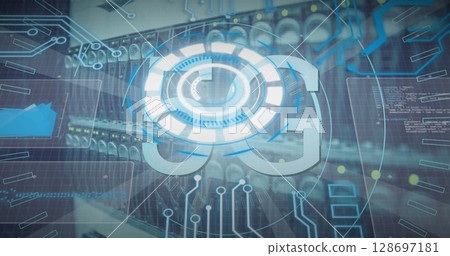 Image of 5g text and data processing over server room Image of 5g text and data processing over server room 128697181