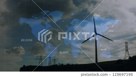 Image of american flag and globe over wind turbine and sky with clouds 128697198