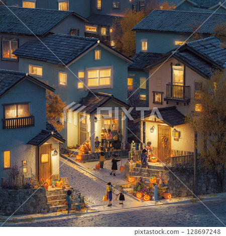 萬聖節之夜在溫暖、燈火通明的街道上蔓延 128697248