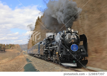 Kamaishi Line: SL Ginga C58239 steam locomotive racing up the hills of Tono 128697397