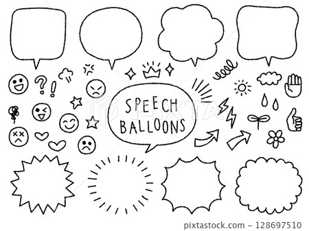 A set of hand-drawn speech bubbles, face marks, weather, and arrows (uneven lines) A set of hand-drawn speech bubbles, face marks, weather, and arrows (uneven lines) 128697510