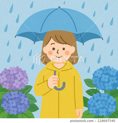 雨季期間，拿著傘和繡球花的女孩 128697540
