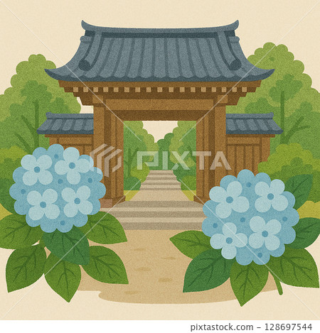 寺廟前盛開的繡球花 寺廟前盛開的繡球花 128697544