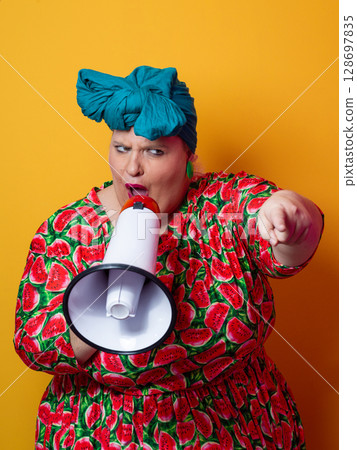 Colorful Retro Woman Shouting Through a Megaphone 128697835